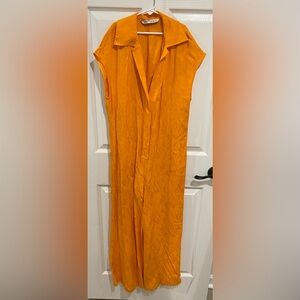 ZARA Orange Boho Jacquard Paisley Snap Button V-neck Jumpsuit Size XS